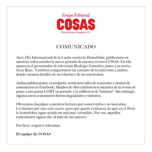 Cosas subió esta foto y Facebook reaccionó así. Ahora mira la respuesta de la revista 9 cosas comunicado