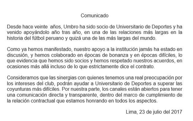 Universitario tapó el logo de su sponsor en su último partido 2 comunicado umbro