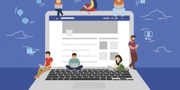 Social network web site surfing concept illustration of young people using mobile gadgets such as smarthone, tablet and laptop to be a part of online community. Flat guys and women on big notebook with symbols