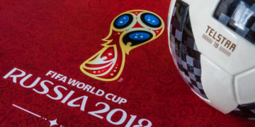 8 April 2018 Moscow, Russia Official ball of the 2018 FIFA World Cup Adidas Telstar 18 and a calendar with the symbols of the World Cup 2018