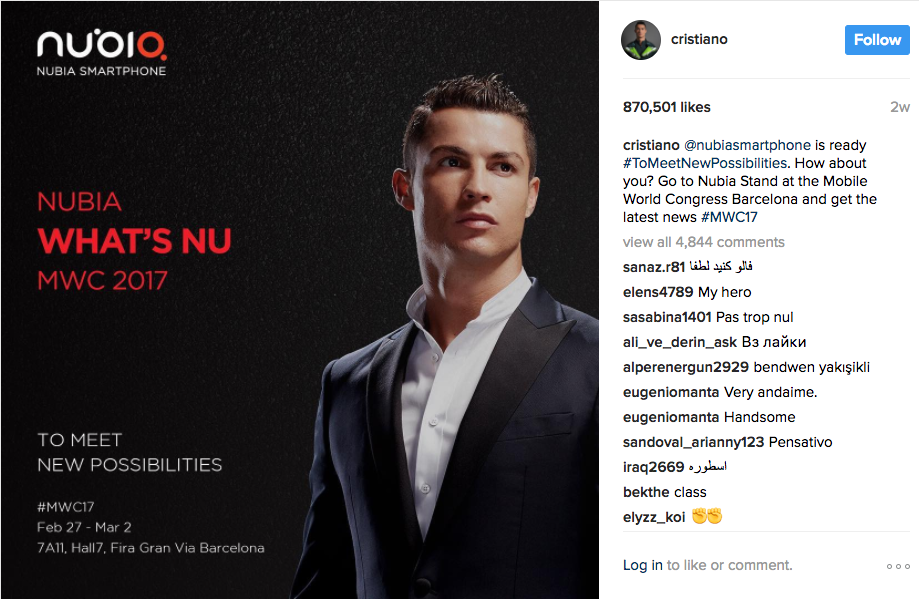 Cristiano Ronaldo Instagram Sponsored Post Nubia Smartphone