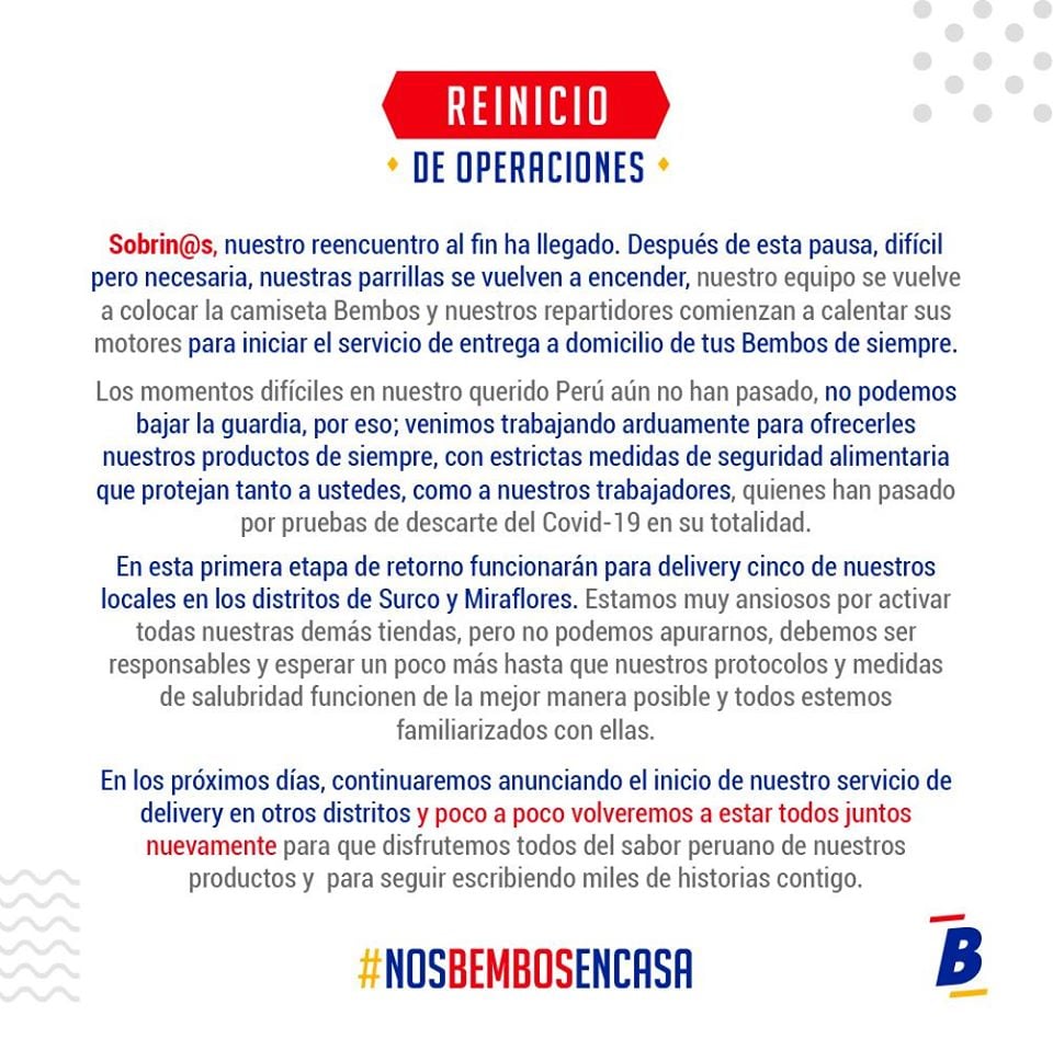 Bembos vuelve al juego con servicio de delivery 2 Bembos