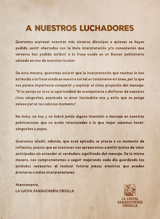 "Fue un error de interpretación", sanguchería peruana se defiende de las criticas recibidas por su banner "machista" 2 LKUQYS7KJ5GGHLNC2ZMIQBGEFM