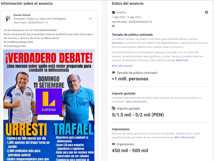 Elecciones 2022: medio millón de soles invertidos en propaganda en Facebook 2 Elecciones 2022: medio millón de soles invertidos en propaganda en Facebook