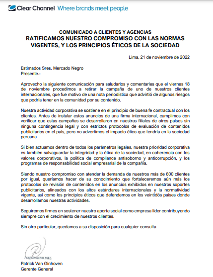 Alerta por contenido sexual en paneles publicitarios en Lima 4 Comunicado Clear Channel paneles publicitarios