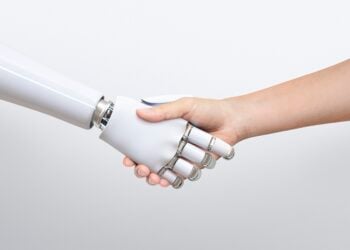 Robot handshake human background, artificial intelligence digital transformation