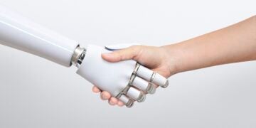 Robot handshake human background, artificial intelligence digital transformation