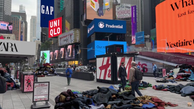 Marca llena Time Square de prendas de fast fashion para concientizar sobre la moda sostenible