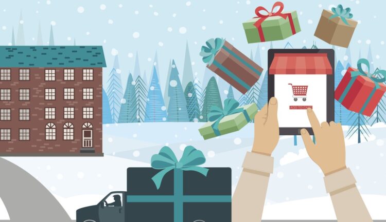 Concept for Online Christmas Shopping . A delivery truck is pulling up to a house that has ordered their gifts online.