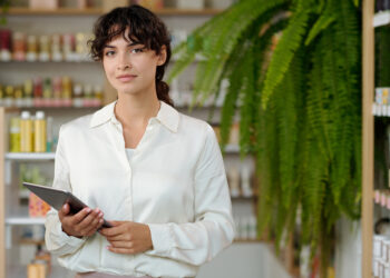 Young woman in smart casualwear standing in cosmetic shop or supermarket against display and looking at camera