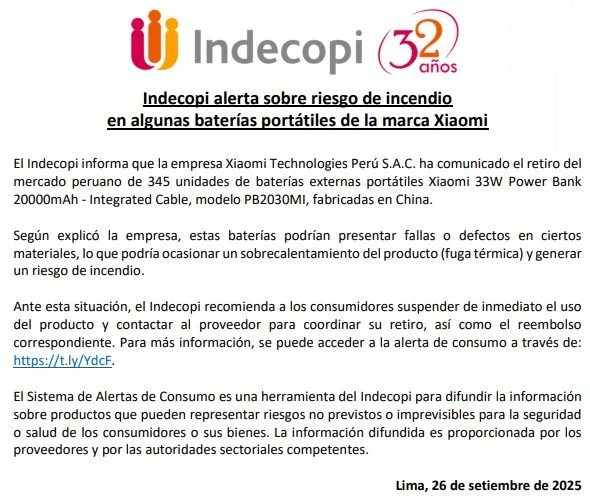 Alerta en Perú: Indecopi retira 345 power banks de Xiaomi por riesgo de incendio 3 1796133captura de pantalla 2025 09 26 132136jpg