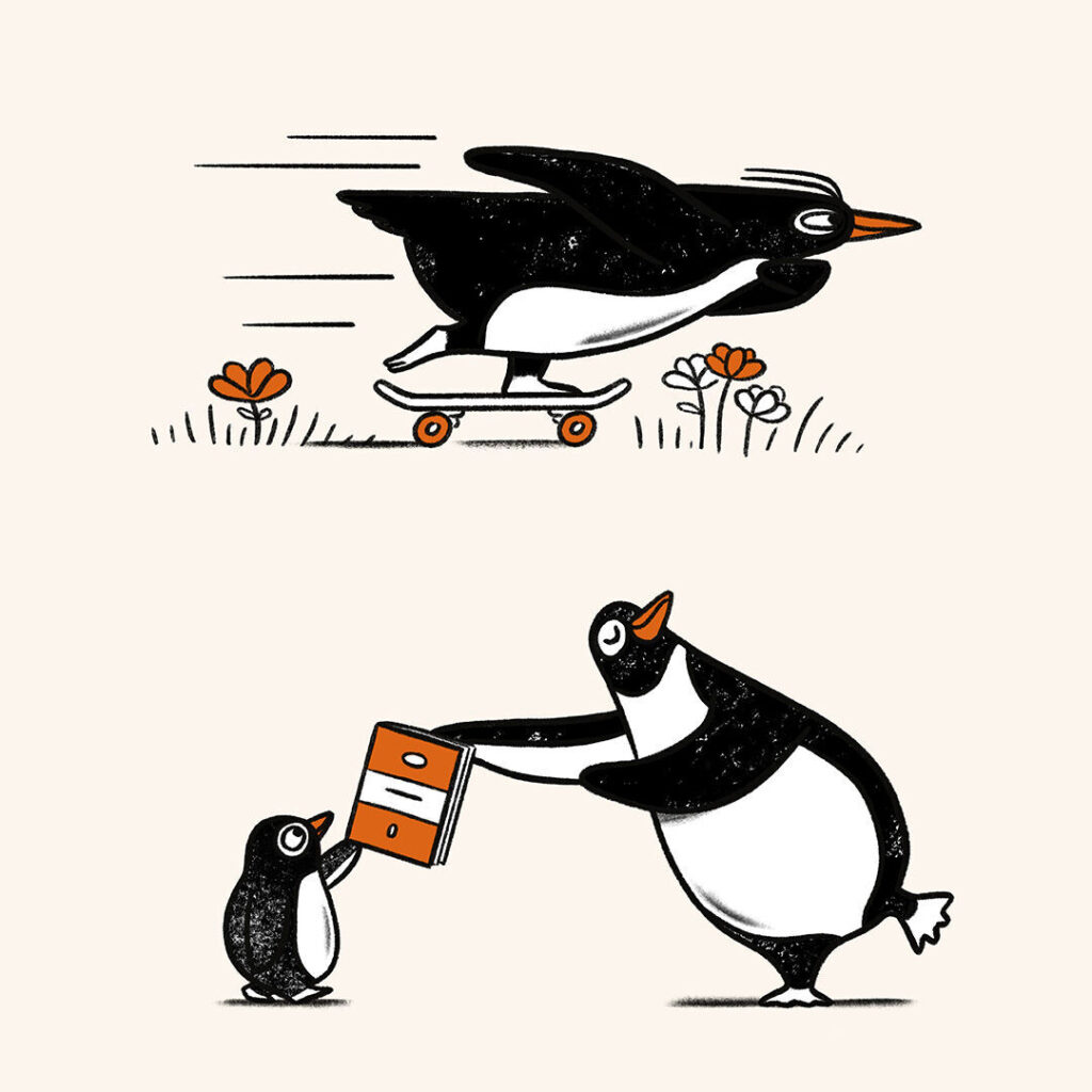 Penguin Random House le da vida a su icónico pingüino con divertidas ilustraciones 5 pinguino ilustracion prh 3