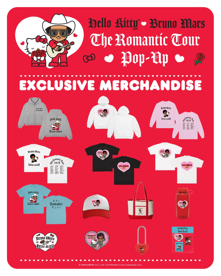 Bruno Mars lanza pop-up store junto a Hello Kitty como parte de su gira The Romantic Tour 2 Bruno Mars y Hello Kitty se unen en colección.
