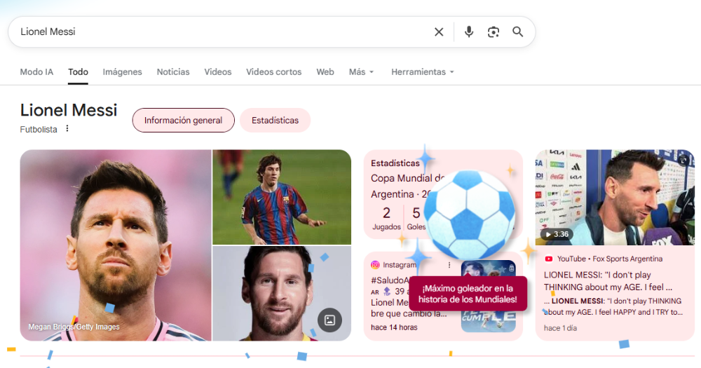 Google celebra el récord de Messi conseguido durante el Mundial 2026 3 Al buscar “Messi” en Google, los usuarios encuentran un balón celeste y blanco junto al mensaje “¡Máximo goleador en la historia de los Mundiales!”