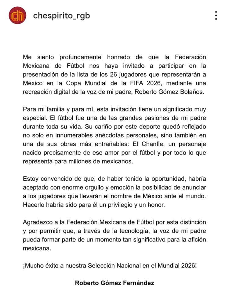 'Chespirito' anuncia la lista de convocados de la Selección Mexicana para el Mundial 2026 2 agradecimiento de roberto gomez fernandez a4e91f09