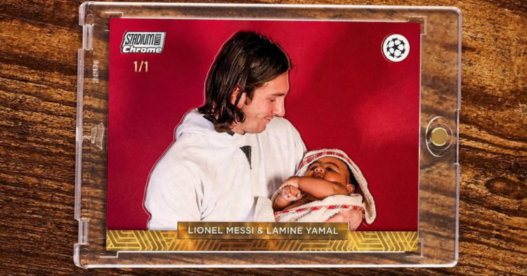 Topps lanza un cromo coleccionable inspirado en la viral foto de Messi con Lamine Yamal de bebé 1 Messi y Lamine