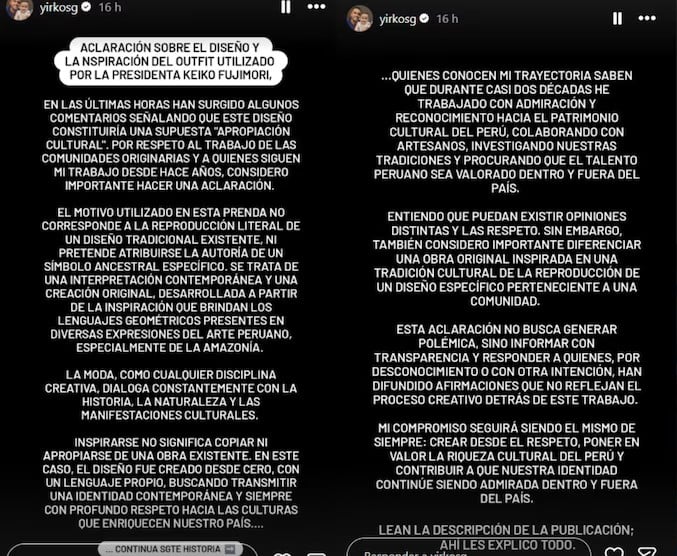 Comunidad Shipibo-Konibo acusa de apropiación cultural a Yirko Sivirich por traje diseñado para Keiko Fujimori 4 YIRKO RESPUESTA