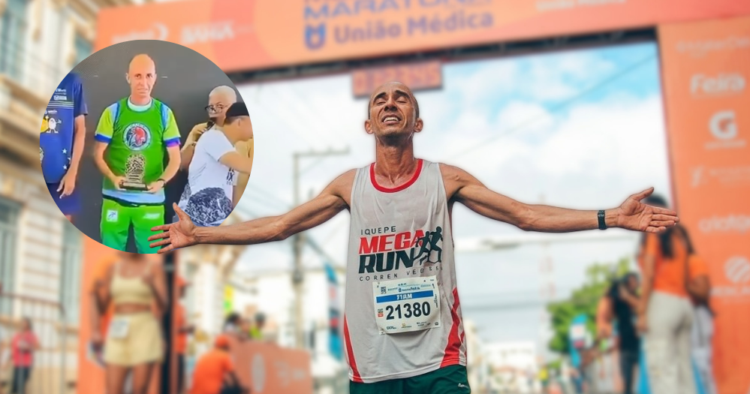 Corredor brasileño sube al podio con 11 camisetas puestas a la vez para agradecer a sus patrocinadores 1 Corredor brasileño sube al podio con 11 camisetas puestas a la vez para agradecer a sus patrocinadores