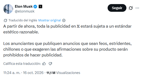 ¡No más anuncios feos en X! Elon Musk implementa política de estándares estéticos razonables 2 Captura de pantalla 2026 10 19 151703